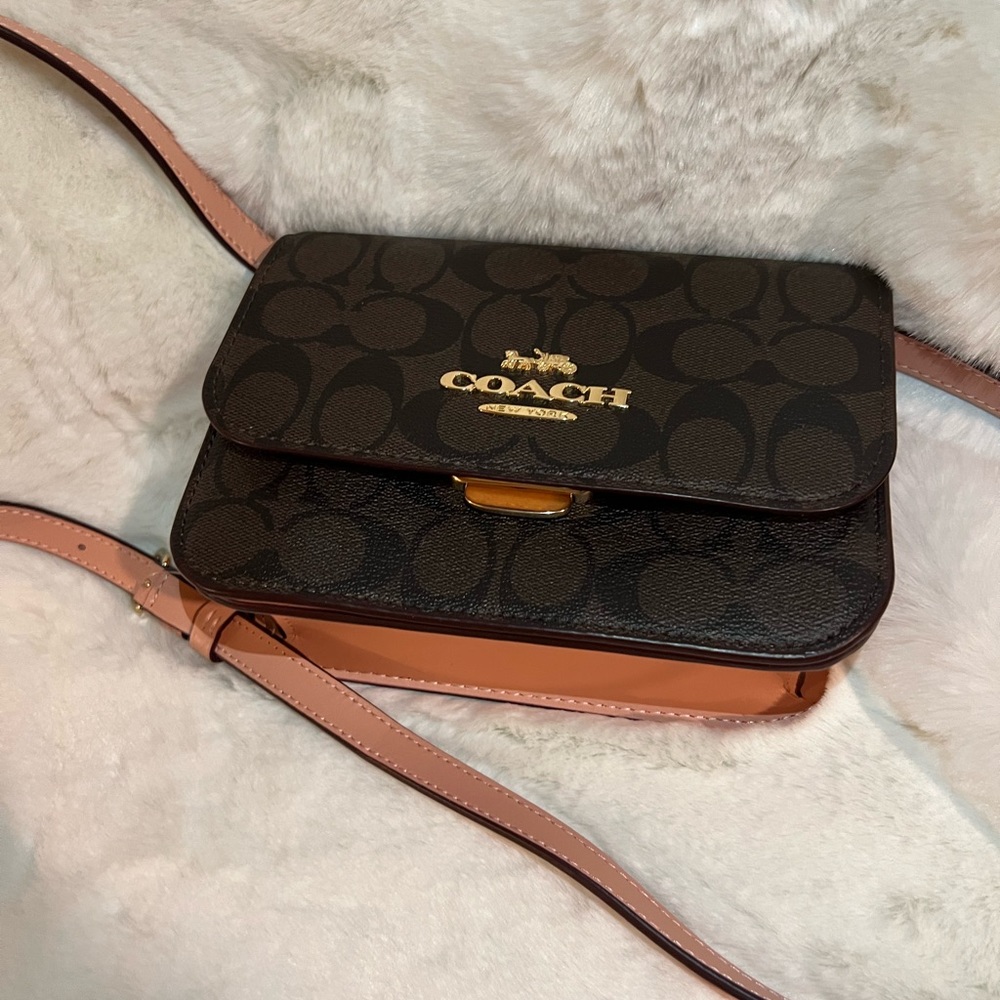 COACH MINI BRYNN CROSSBODY IN SIGNATURE CANVAS IN BROWN SHELL PINK NWT
